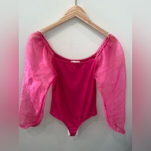 Altar'd State Ribbed Knit Pink Sheer Puff Sleeve Bodysuit Women’s Medium